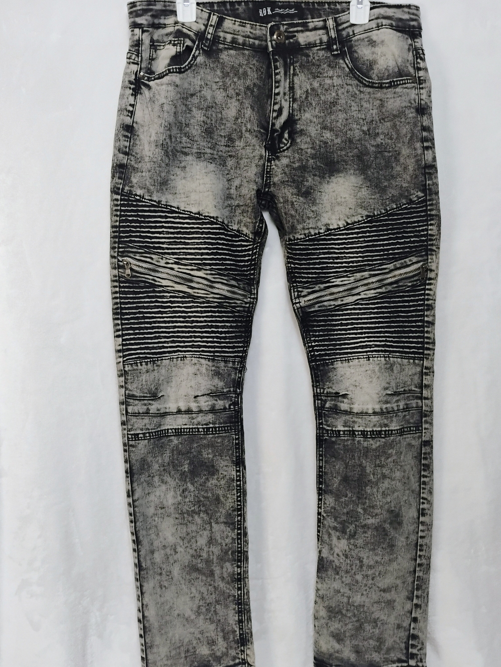 Rok Mens 38x32 Stretch Denim Moto Black Acid Wash Jeans Y2K Zipper Ribbed U